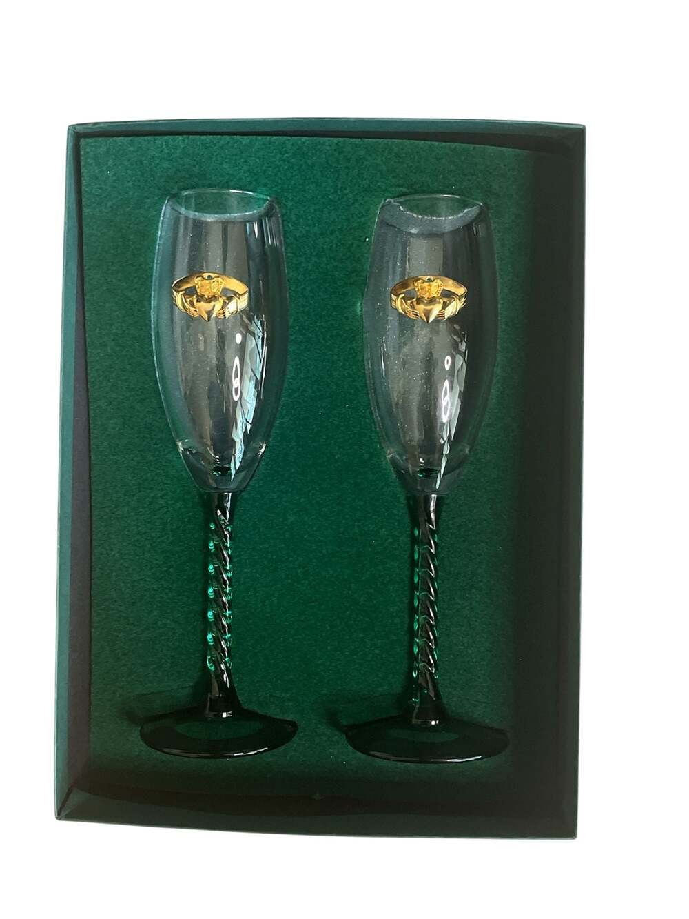 The Robert Emmet Co. Gold Claddagh Champagne Toasting Flutes Set of 2 Green Twis